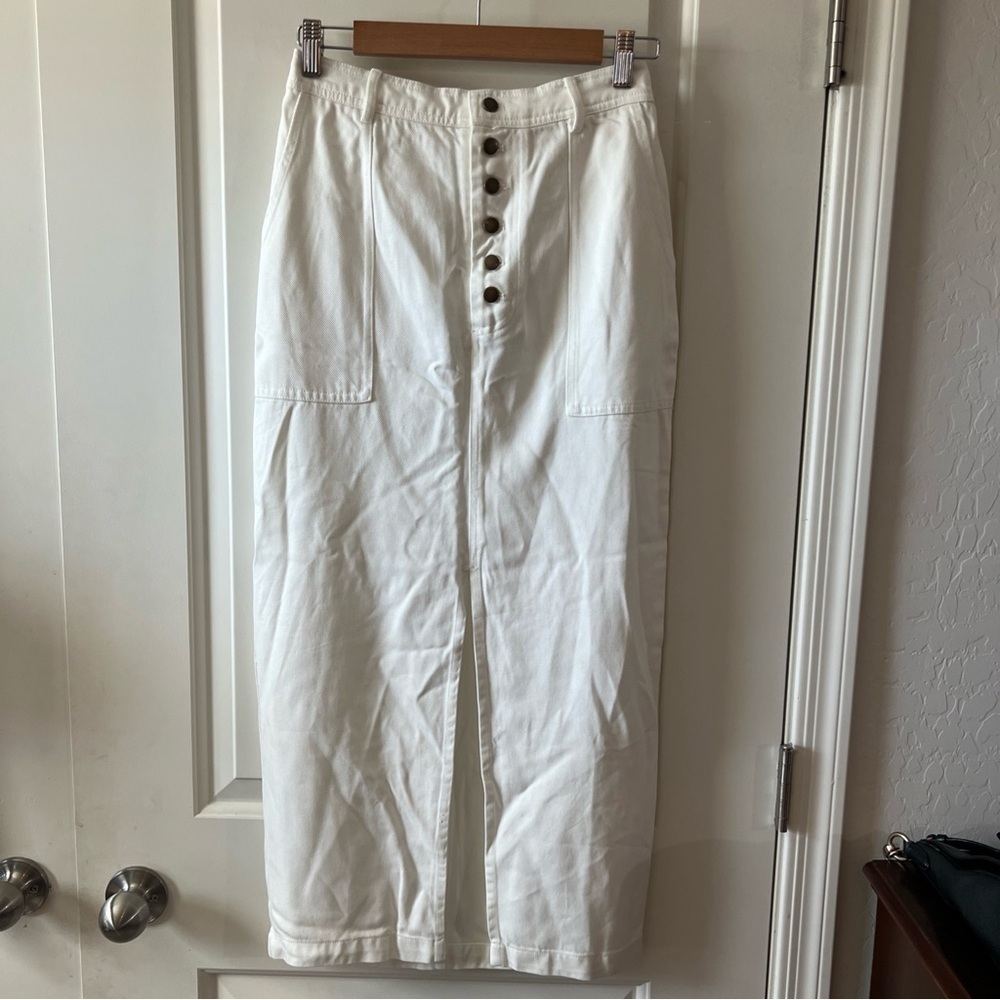 White Button-Front Midi Skirt